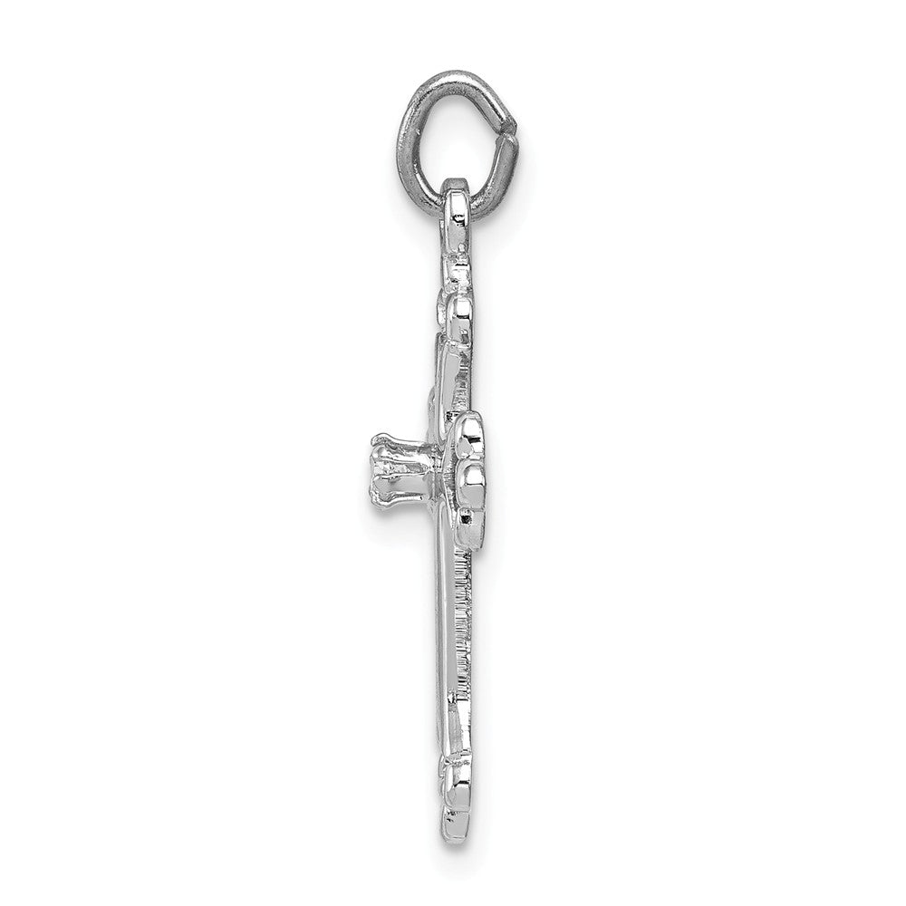 Million Charms 925 Sterling Silver Rhodium-Plated Budded Relgious Cross With (Cubic Zirconia) CZ Charm