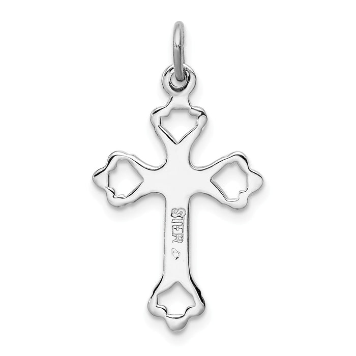 Million Charms 925 Sterling Silver Rhodium-Plated Budded Relgious Cross With (Cubic Zirconia) CZ Charm