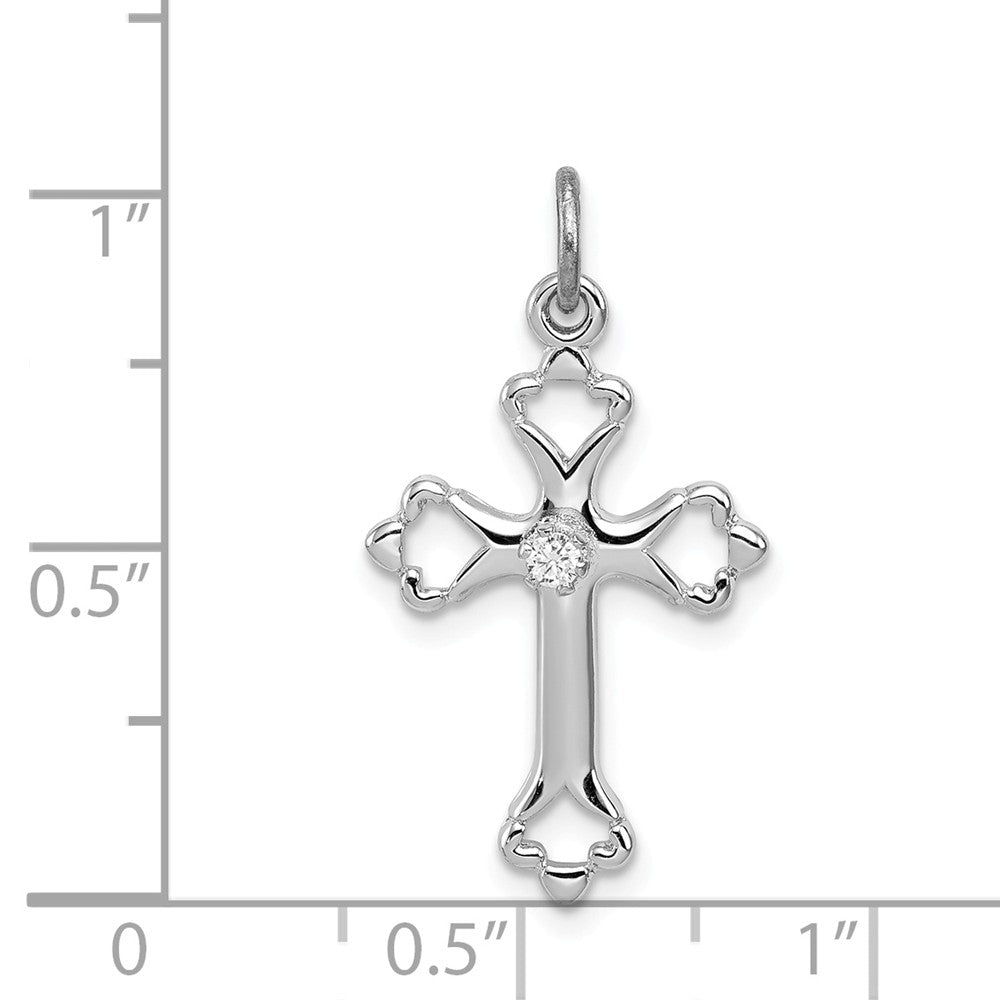 Million Charms 925 Sterling Silver Rhodium-Plated Budded Relgious Cross With (Cubic Zirconia) CZ Charm