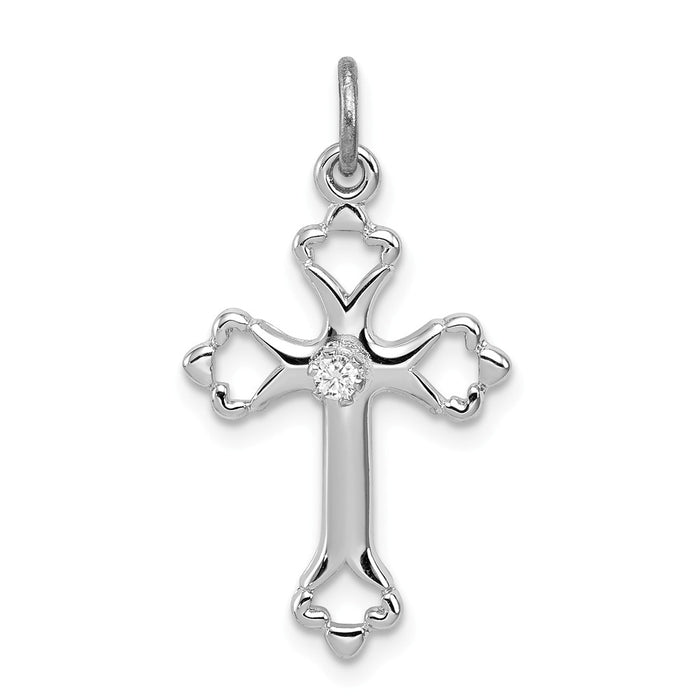 Million Charms 925 Sterling Silver Rhodium-Plated Budded Relgious Cross With (Cubic Zirconia) CZ Charm