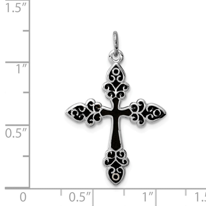 Million Charms 925 Sterling Silver Rhodium-Plated Black Enameled Relgious Cross Pendant