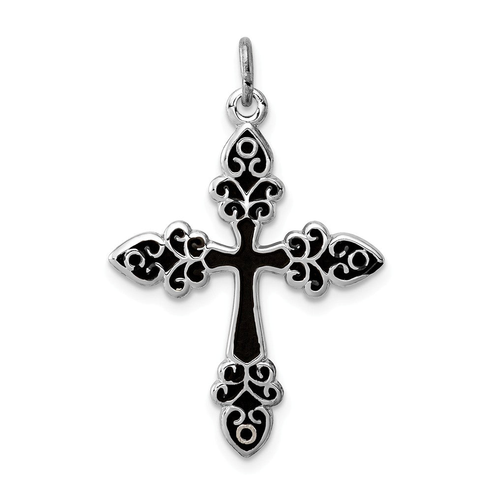 Million Charms 925 Sterling Silver Rhodium-Plated Black Enameled Relgious Cross Pendant
