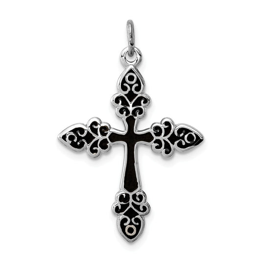 Million Charms 925 Sterling Silver Rhodium-Plated Black Enameled Relgious Cross Pendant