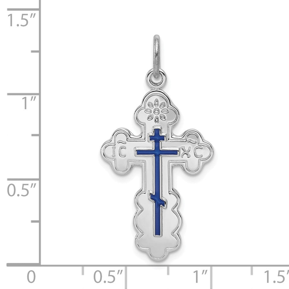 Million Charms 925 Sterling Silver Rhodium-Plated Eastern Orthodox Blue Enamel Relgious Cross Pendant