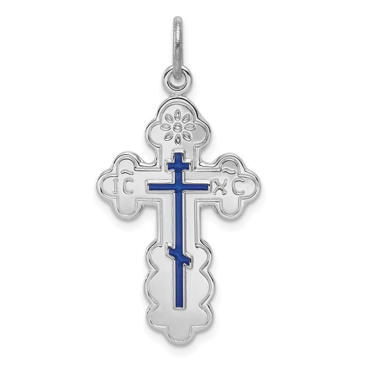 Million Charms 925 Sterling Silver Rhodium-Plated Eastern Orthodox Blue Enamel Relgious Cross Pendant