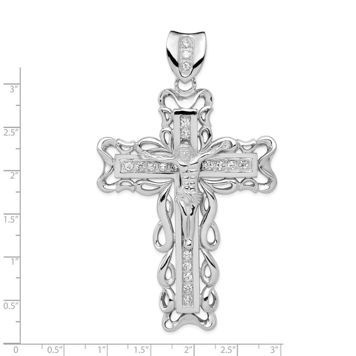 Million Charms 925 Sterling Silver Rhodium-Plated (Cubic Zirconia) CZ Relgious Crucifix Pendant