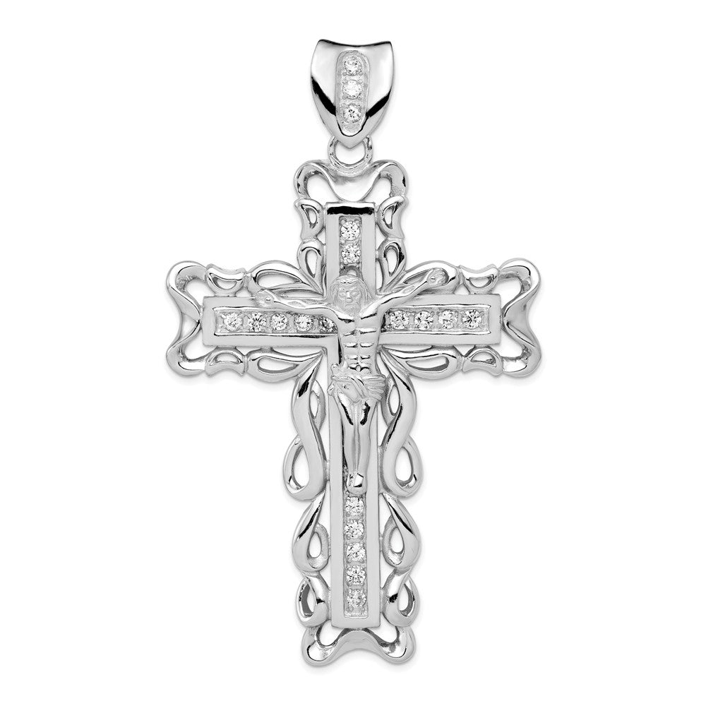 Million Charms 925 Sterling Silver Rhodium-Plated (Cubic Zirconia) CZ Relgious Crucifix Pendant
