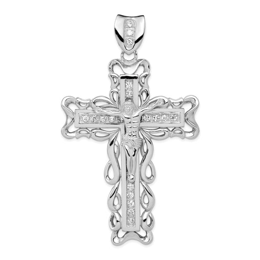 Million Charms 925 Sterling Silver Rhodium-Plated (Cubic Zirconia) CZ Relgious Crucifix Pendant