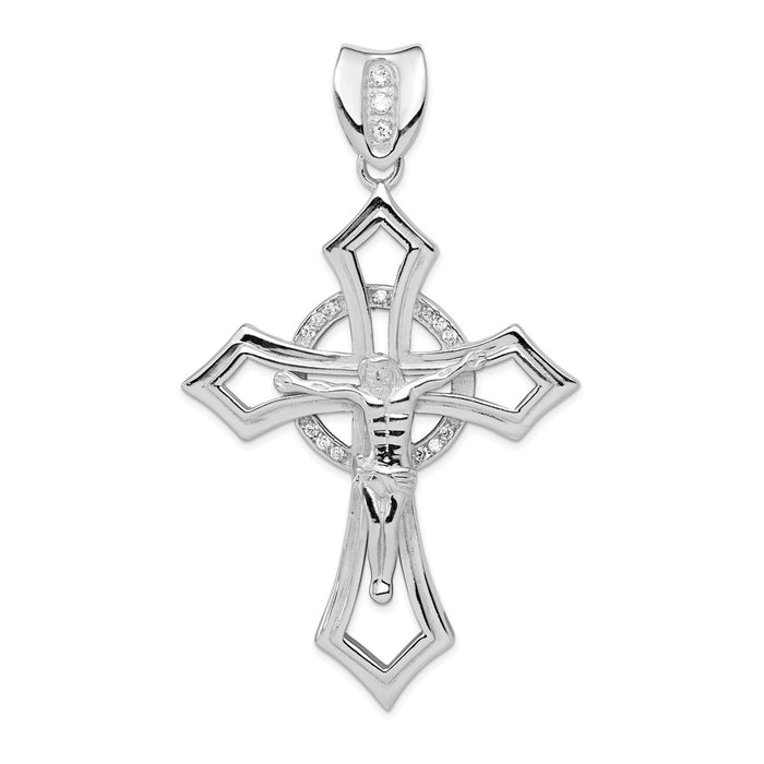 Million Charms 925 Sterling Silver Rhodium-Plated (Cubic Zirconia) CZ Relgious Crucifix Pendant