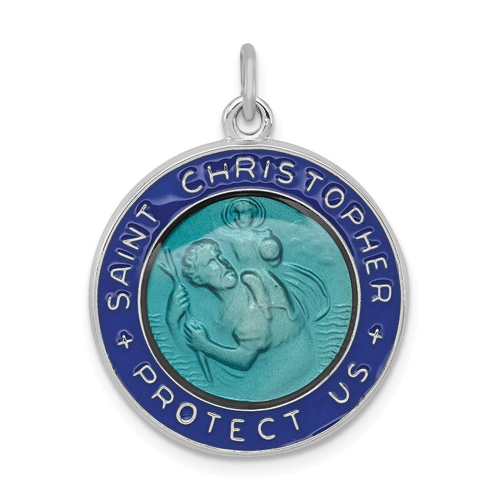 Million Charms 925 Sterling Silver Rhodium-Plated Enameled Religious Saint Christopher Medal