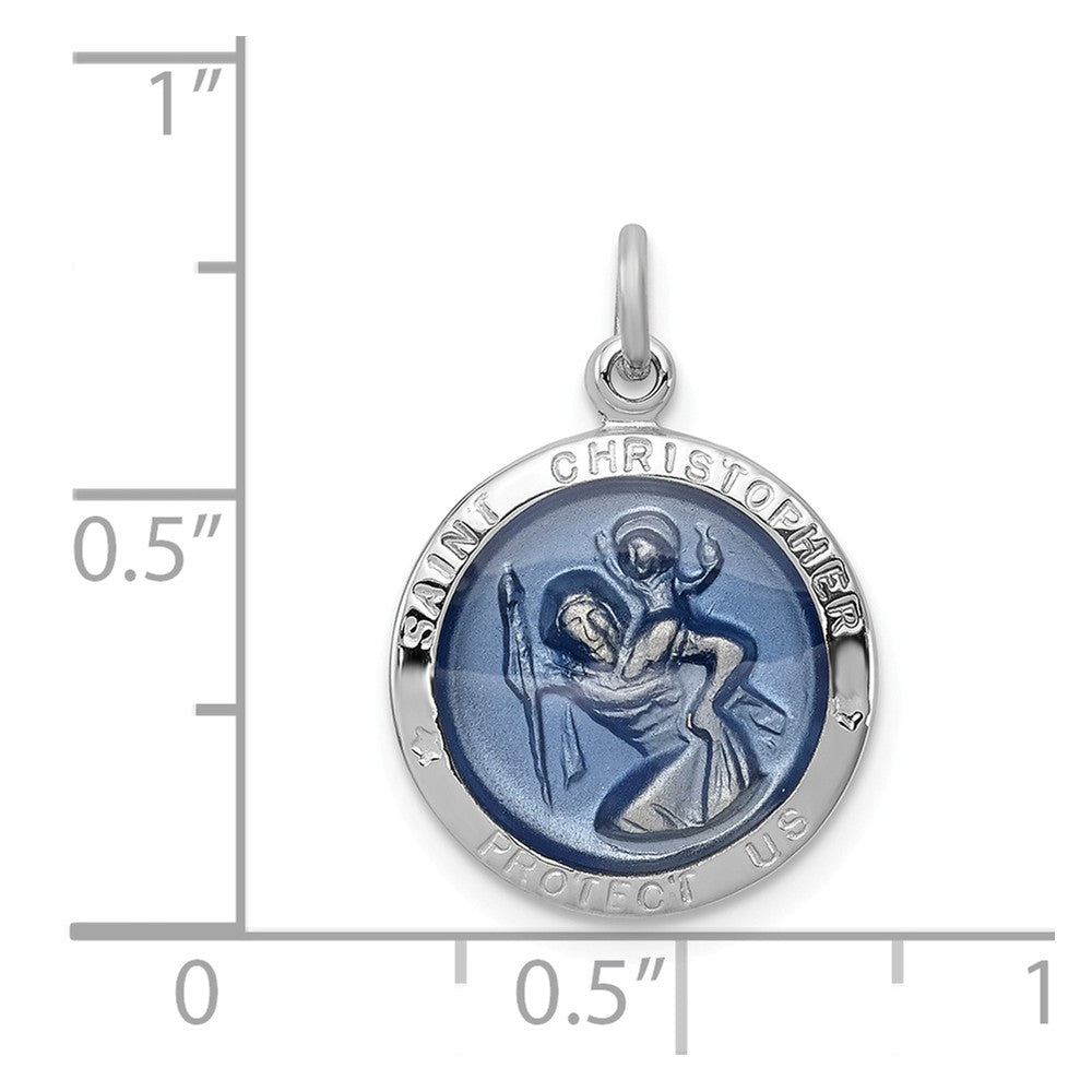 Million Charms 925 Sterling Silver Rhodium-Plated Blue Epoxy Religious Saint Christopher Medal