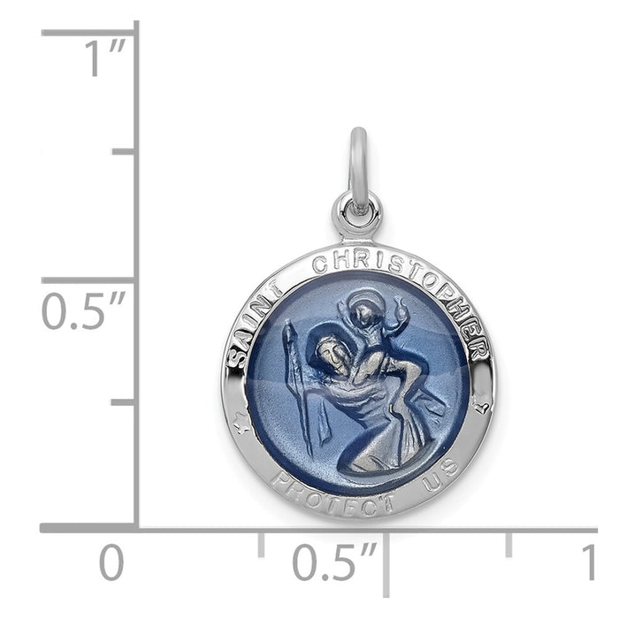 Million Charms 925 Sterling Silver Rhodium-Plated Blue Epoxy Religious Saint Christopher Medal