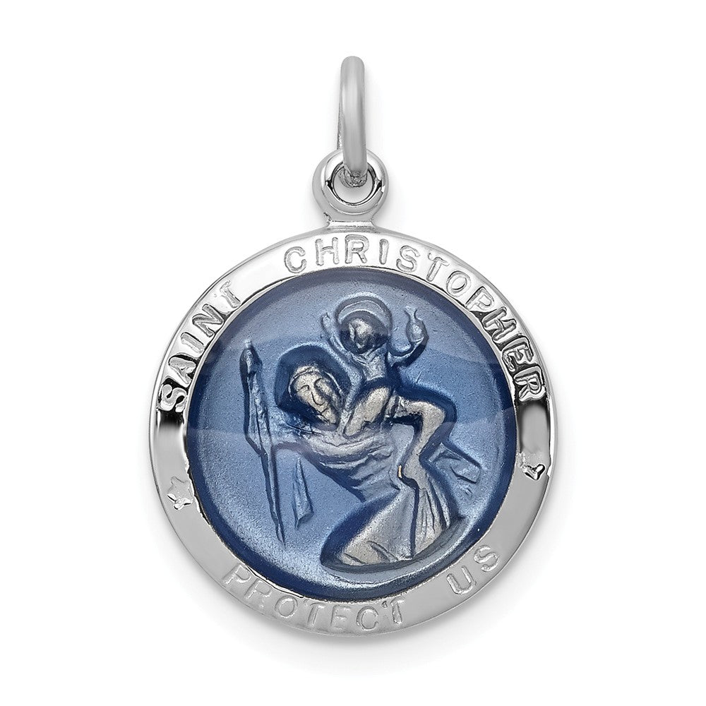 Million Charms 925 Sterling Silver Rhodium-Plated Blue Epoxy Religious Saint Christopher Medal