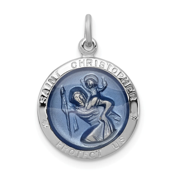 Million Charms 925 Sterling Silver Rhodium-Plated Blue Epoxy Religious Saint Christopher Medal