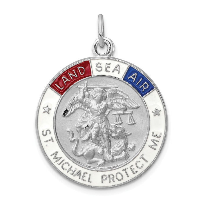 Million Charms 925 Sterling Silver Rhodium-Plated Enameled Religious Saint Michael Medal