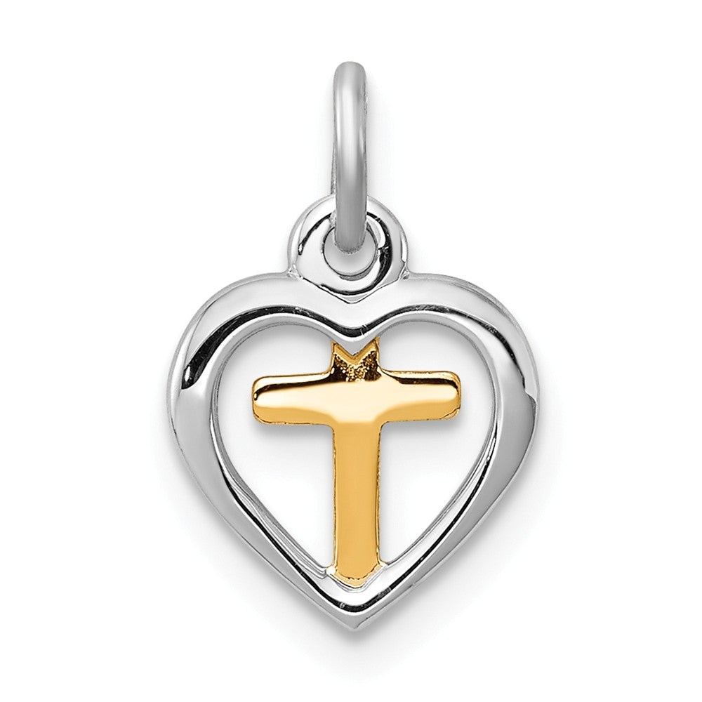 Million Charms 925 Sterling Silver Rhodium-Plated & Vermeil Relgious Cross In Heart Charm