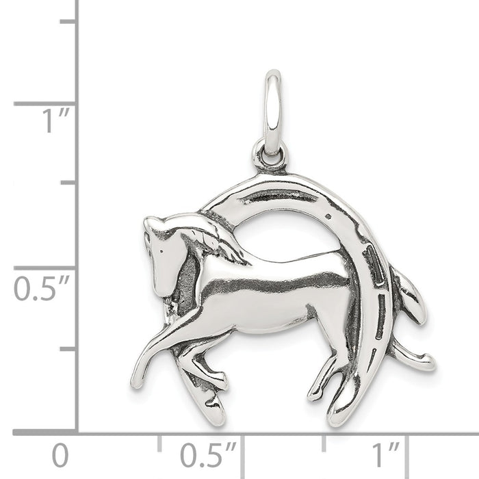 Million Charms 925 Sterling Silver Antiqued Horse In Horseshoe Charm