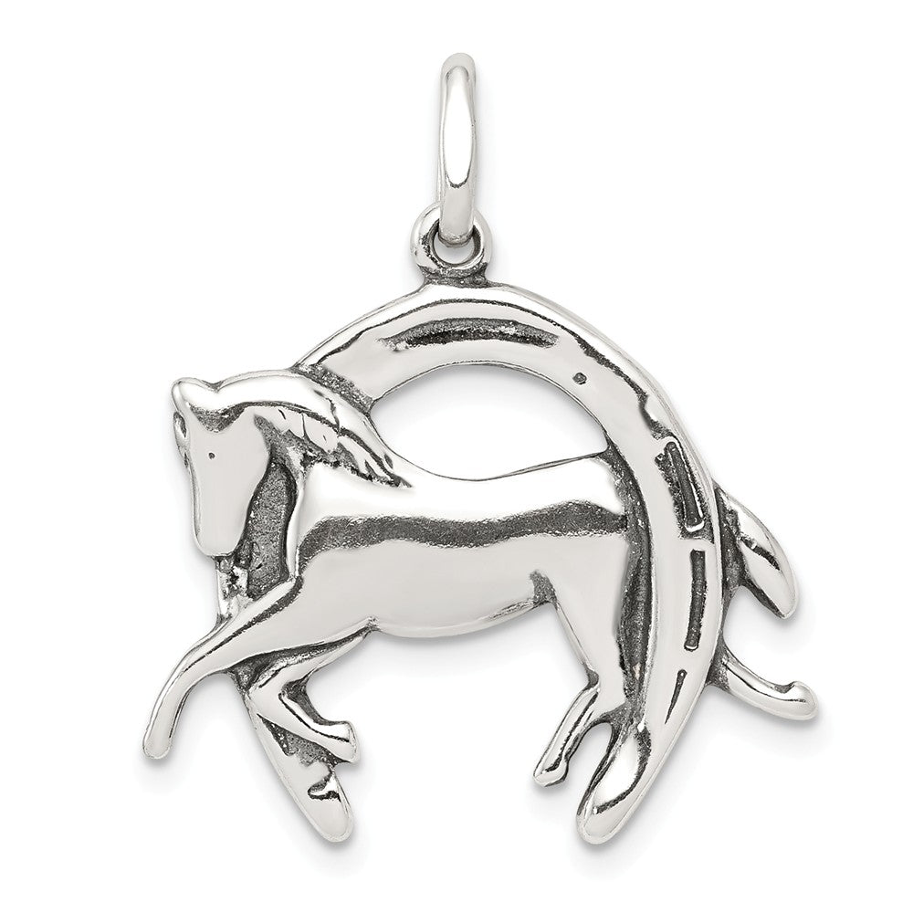 Million Charms 925 Sterling Silver Antiqued Horse In Horseshoe Charm
