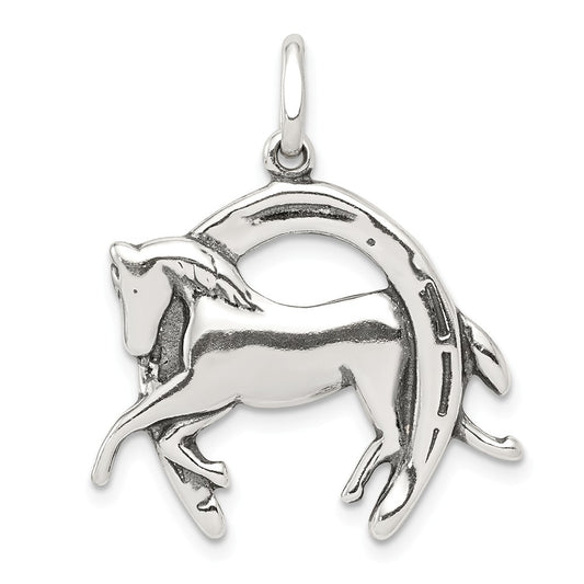 Million Charms 925 Sterling Silver Antiqued Horse In Horseshoe Charm