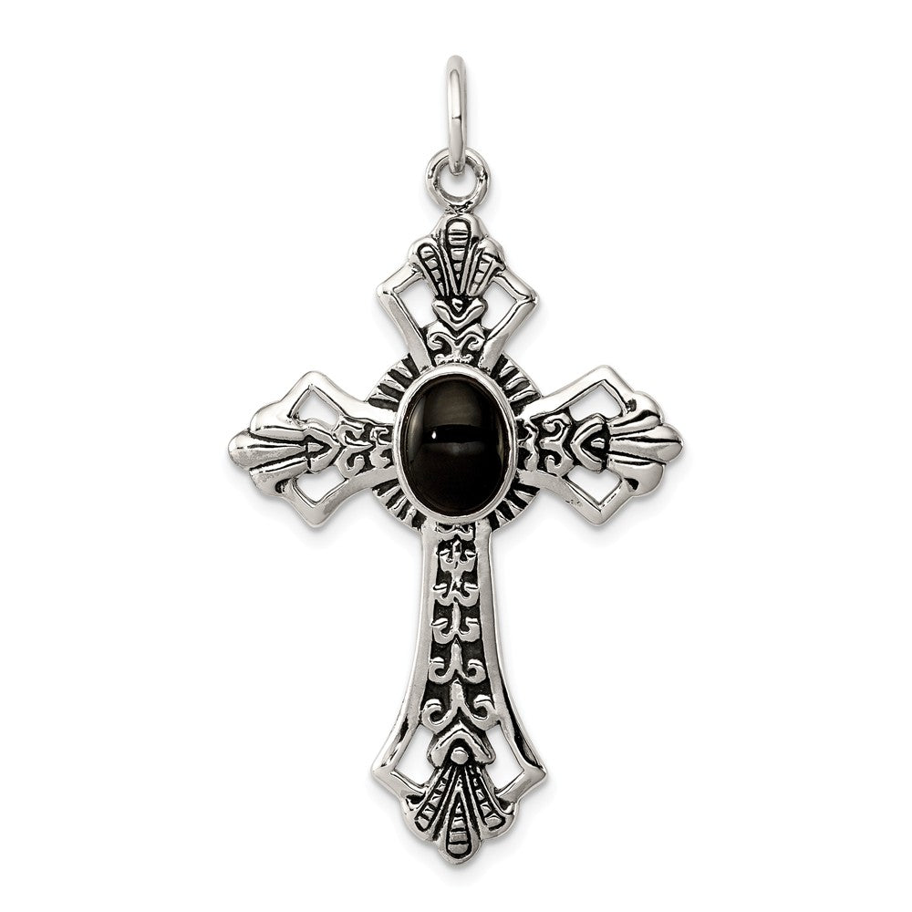 Million Charms 925 Sterling Silver Onyx Relgious Cross Pendant