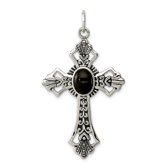 Million Charms 925 Sterling Silver Onyx Relgious Cross Pendant