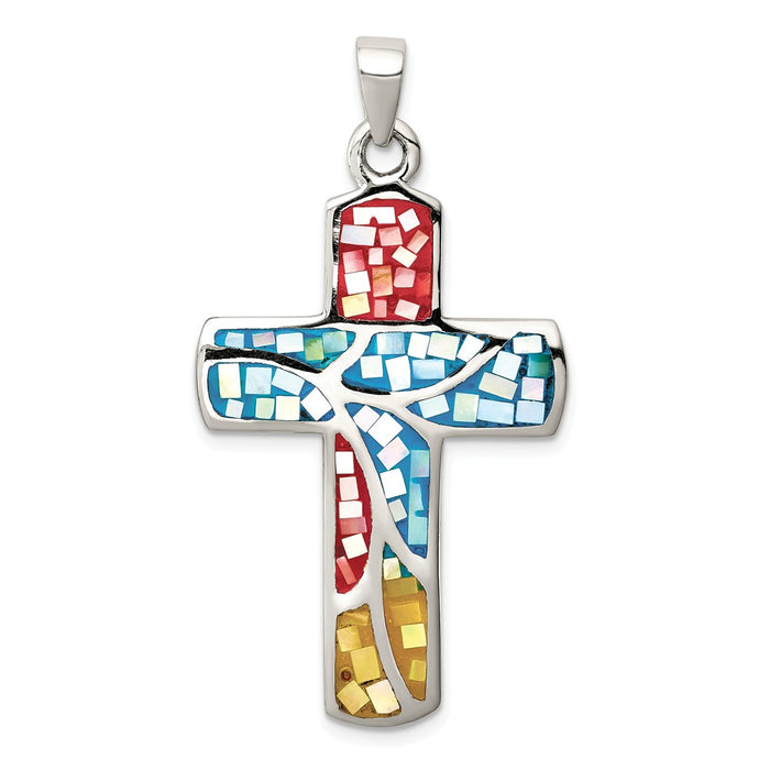 Million Charms 925 Sterling Silver Mulit-Colored Shell Relgious Cross Pendant