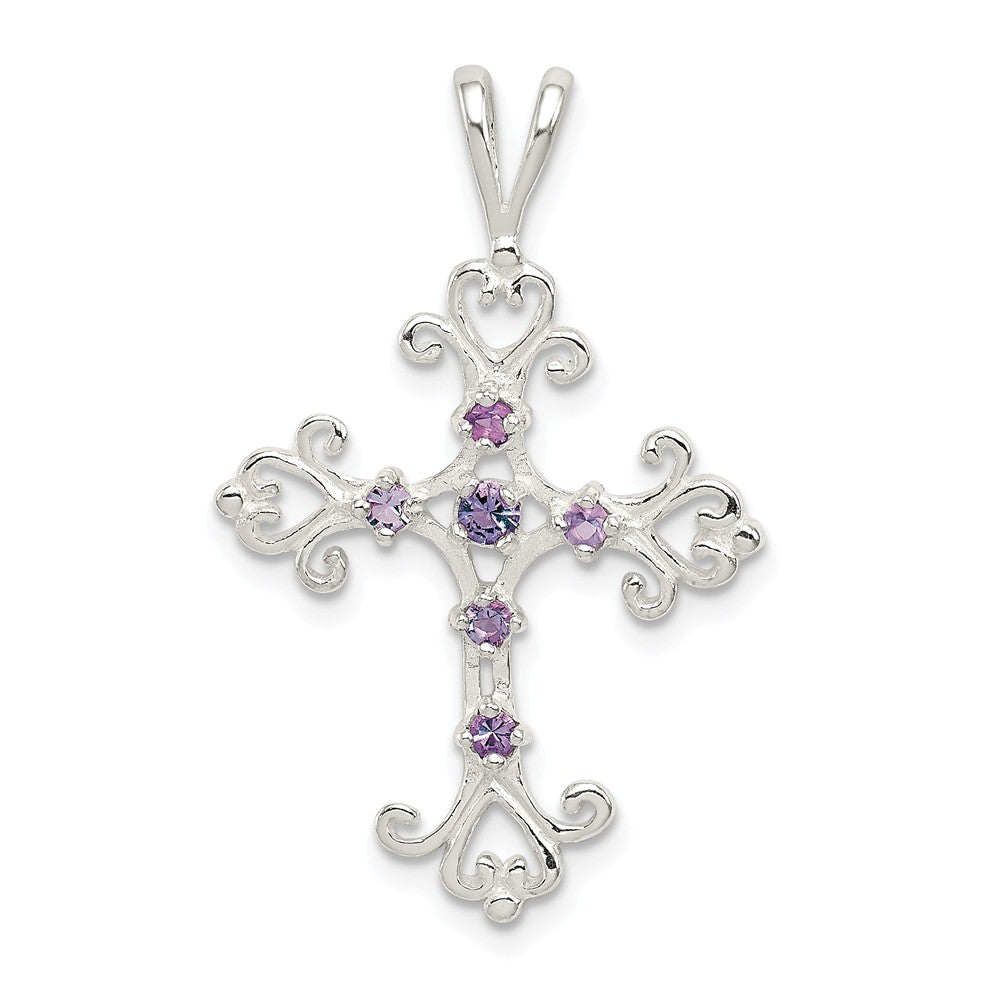 Million Charms 925 Sterling Silver Purple (Cubic Zirconia) CZ Relgious Cross Charm