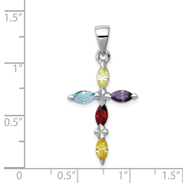 Million Charms 925 Sterling Silver Rhodium-Plated Multi-Color (Cubic Zirconia) CZ Relgious Cross Pendant