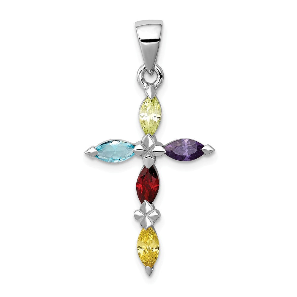 Million Charms 925 Sterling Silver Rhodium-Plated Multi-Color (Cubic Zirconia) CZ Relgious Cross Pendant