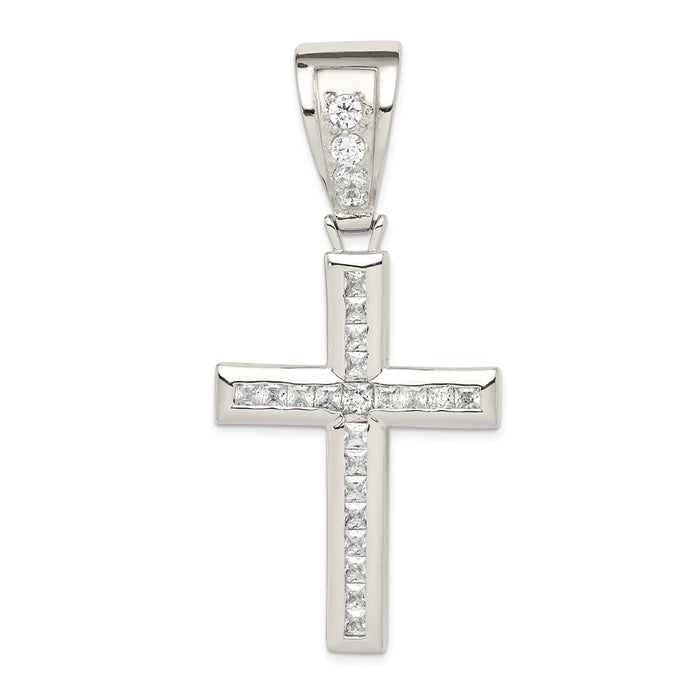 Million Charms 925 Sterling Silver Rhodium-Plated (Cubic Zirconia) CZ Relgious Cross Pendant