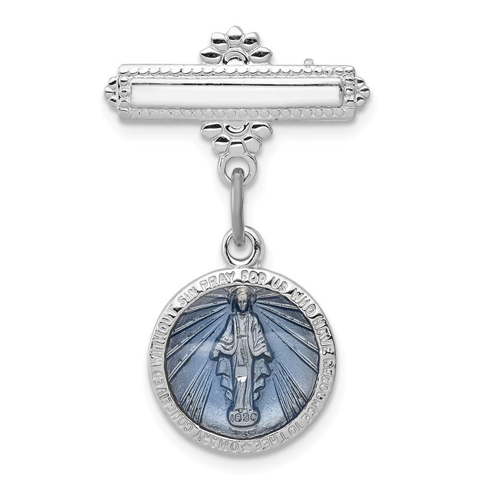 925 Sterling Silver Rhodium-plated Enameled Miraculous Medal Pin