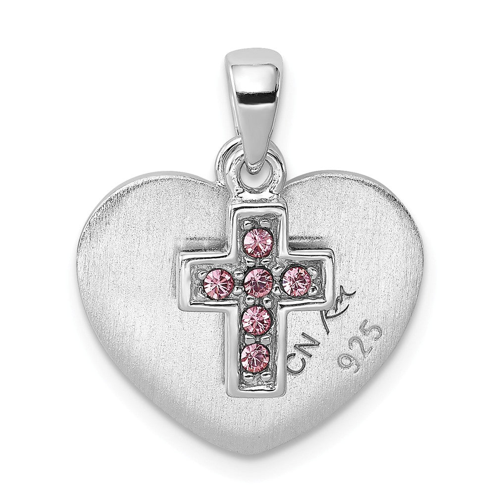 Million Charms 925 Sterling Silver Rhodium-Plated Enameled & (Cubic Zirconia) CZ Heart Relgious Cross Charm