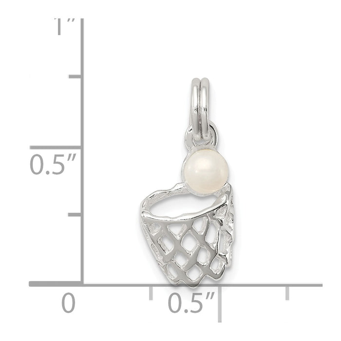 Million Charms 925 Sterling Silver Simulated Pearl Sports Basketball In Hoop Charm