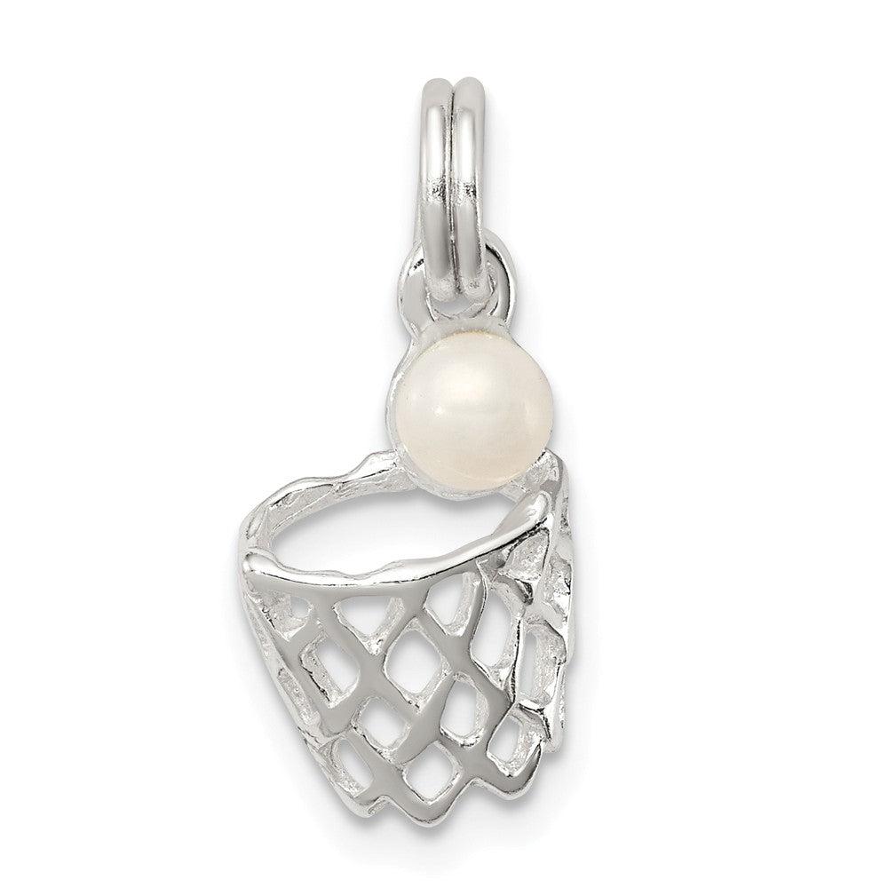 Million Charms 925 Sterling Silver Simulated Pearl Sports Basketball In Hoop Charm