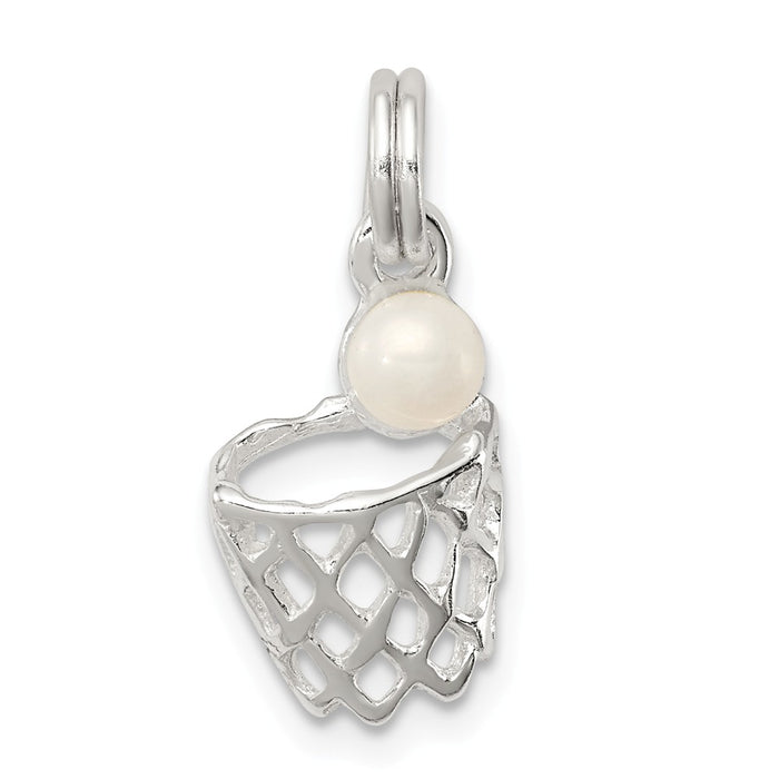 Million Charms 925 Sterling Silver Simulated Pearl Sports Basketball In Hoop Charm