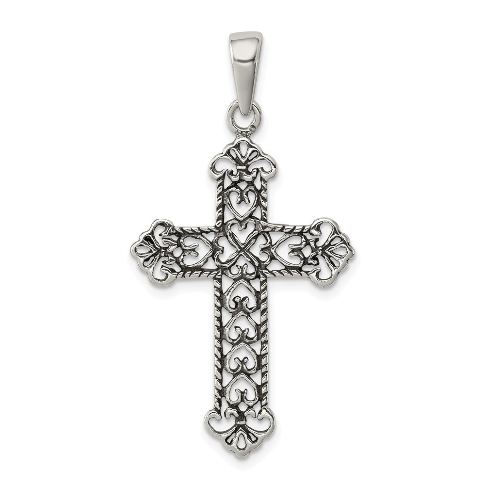 Million Charms 925 Sterling Silver Antiqued Fleur De Lis Relgious Cross Pendant