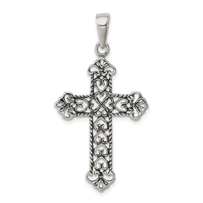 Million Charms 925 Sterling Silver Antiqued Fleur De Lis Relgious Cross Pendant