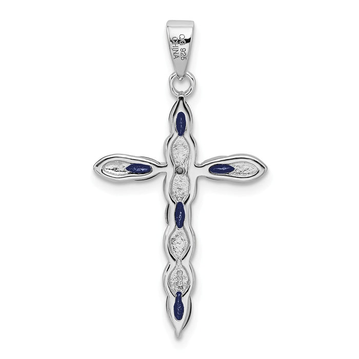 Million Charms 925 Sterling Silver Rhodium-Plated Sapphire & Diamond Relgious Cross Pendant