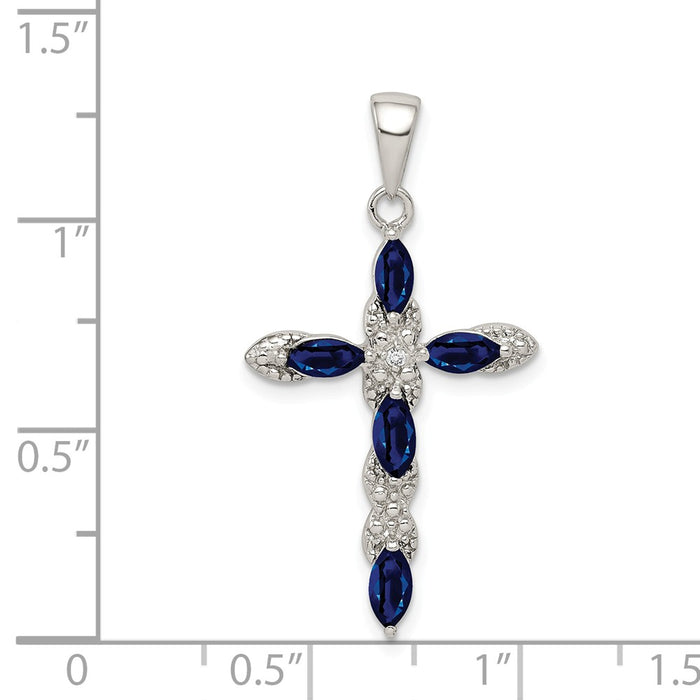 Million Charms 925 Sterling Silver Rhodium-Plated Sapphire & Diamond Relgious Cross Pendant