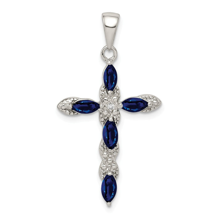 Million Charms 925 Sterling Silver Rhodium-Plated Sapphire & Diamond Relgious Cross Pendant