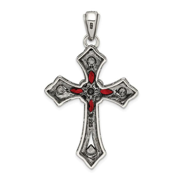 Million Charms 925 Sterling Silver Red (Cubic Zirconia) CZ & Marcasite Relgious Cross Pendant