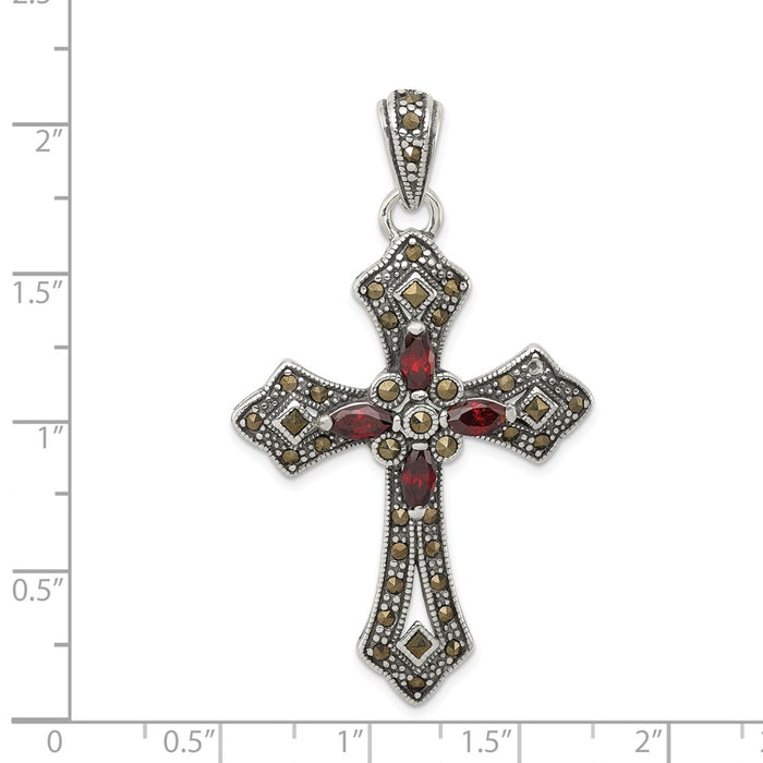 Million Charms 925 Sterling Silver Red (Cubic Zirconia) CZ & Marcasite Relgious Cross Pendant