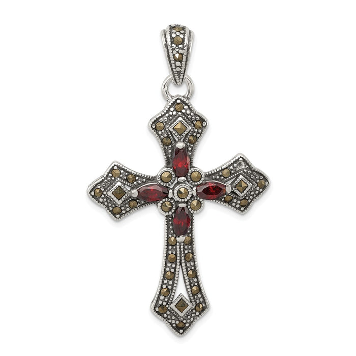 Million Charms 925 Sterling Silver Red (Cubic Zirconia) CZ & Marcasite Relgious Cross Pendant