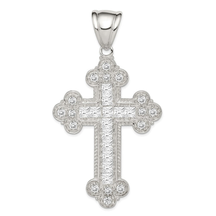 Million Charms 925 Sterling Silver (Cubic Zirconia) CZ Budded Relgious Cross Pendant