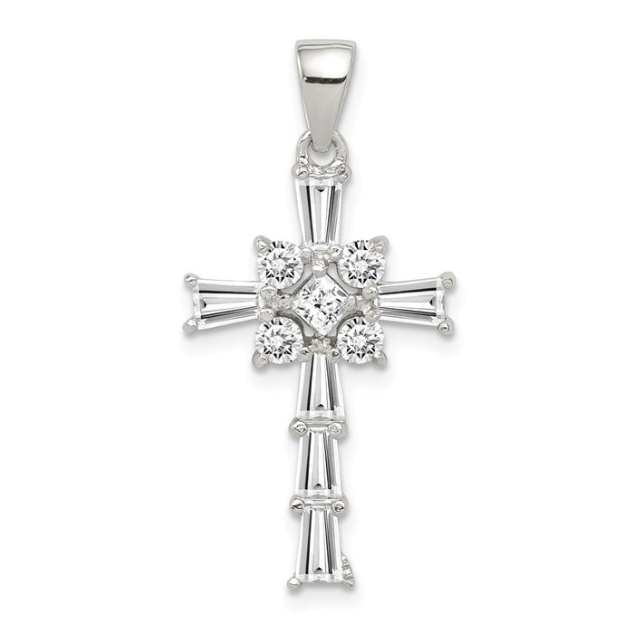 Million Charms 925 Sterling Silver Rhodium-Plated (Cubic Zirconia) CZ Latin Relgious Cross Pendant