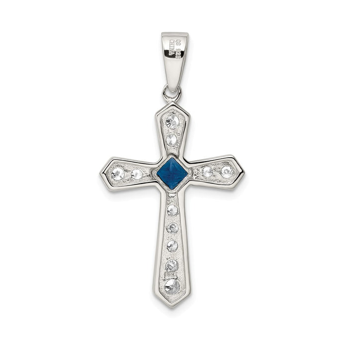 Million Charms 925 Sterling Silver Rhodium-Plated Blue (Cubic Zirconia) CZ Center & (Cubic Zirconia) CZ Passion Relgious Cross Pendant