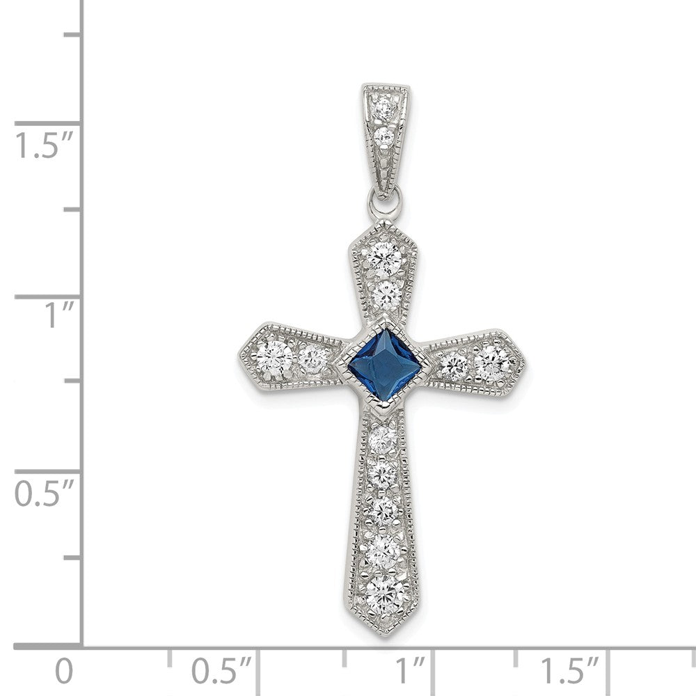 Million Charms 925 Sterling Silver Rhodium-Plated Blue (Cubic Zirconia) CZ Center & (Cubic Zirconia) CZ Passion Relgious Cross Pendant