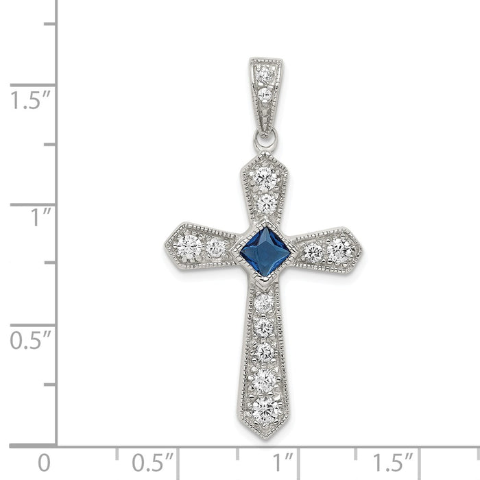 Million Charms 925 Sterling Silver Rhodium-Plated Blue (Cubic Zirconia) CZ Center & (Cubic Zirconia) CZ Passion Relgious Cross Pendant