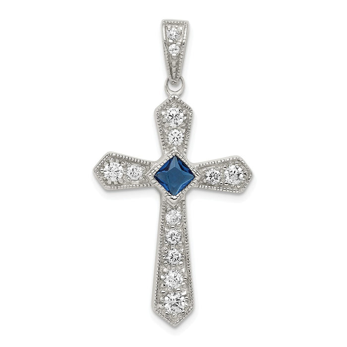 Million Charms 925 Sterling Silver Rhodium-Plated Blue (Cubic Zirconia) CZ Center & (Cubic Zirconia) CZ Passion Relgious Cross Pendant