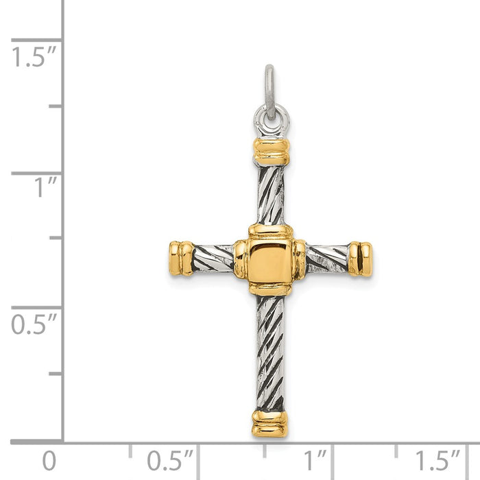 Million Charms 925 Sterling Silver Antiqued & 18K Gold Themed - Plated Relgious Cross Pendant